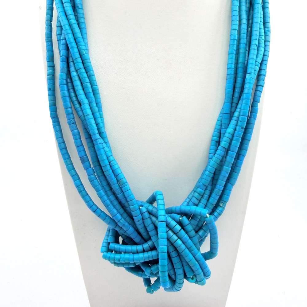 VTG Multi Strand Turquoise Tone Blue Glass Bead Chunky Statement Knot Necklace